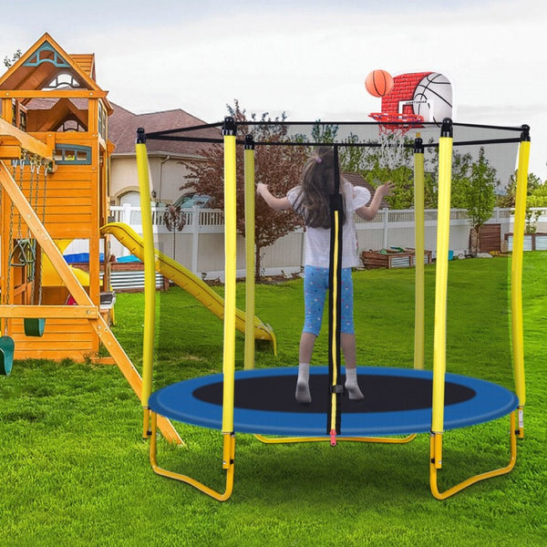 English Elm 5.5ft Kids Trampoline Steel Frame Enclosure Net Basketball Hoop Safe Bouncer Yellow MS309258AAL