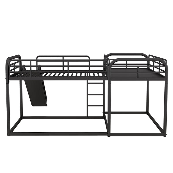 English Elm Full L-Shaped Bunk Bed with Slide and Short Ladder, Metal Frame Durability, Slat Kit Included Black GX000621AAB