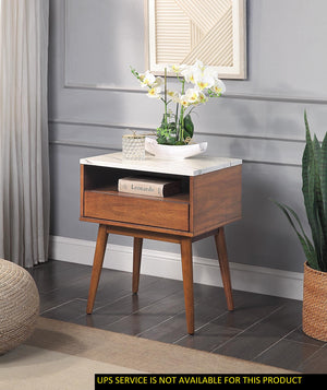 English Elm Walnut End Table with Faux Marble Top and Drawer Shelf, 20"x16"x25" Compact Living Room Accent B01183256