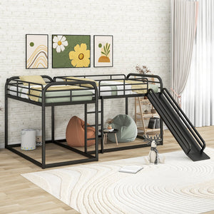 English Elm Full L-Shaped Bunk Bed with Slide and Short Ladder, Metal Frame Durability, Slat Kit Included Black GX000621AAB