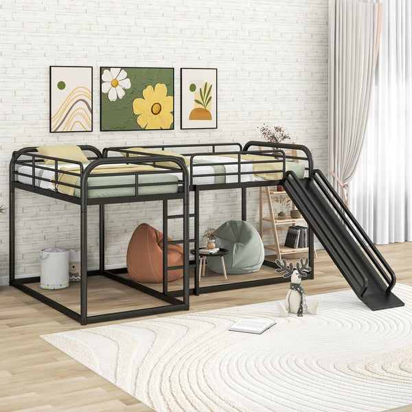 English Elm Full L-Shaped Bunk Bed with Slide and Short Ladder, Metal Frame Durability, Slat Kit Included Black GX000621AAB