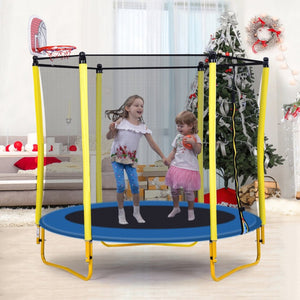 English Elm 5.5ft Kids Trampoline Steel Frame Enclosure Net Basketball Hoop Safe Bouncer Yellow MS309258AAL