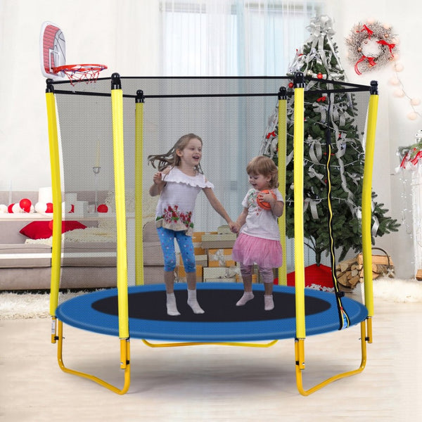 English Elm 5.5ft Kids Trampoline Steel Frame Enclosure Net Basketball Hoop Safe Bouncer Yellow MS309258AAL