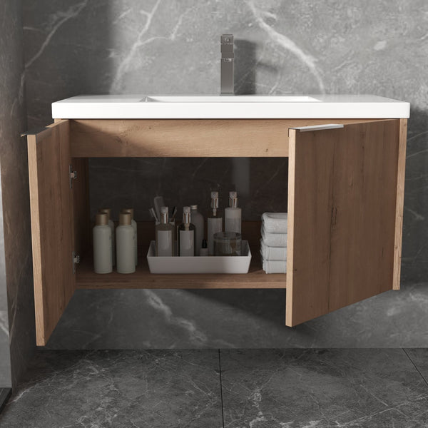 English Elm Modern 36-Inch Floating Bathroom Vanity with Resin Sink, Soft-Close Doors, Open Shelf, Eco Plywood Cabinetry W99950716