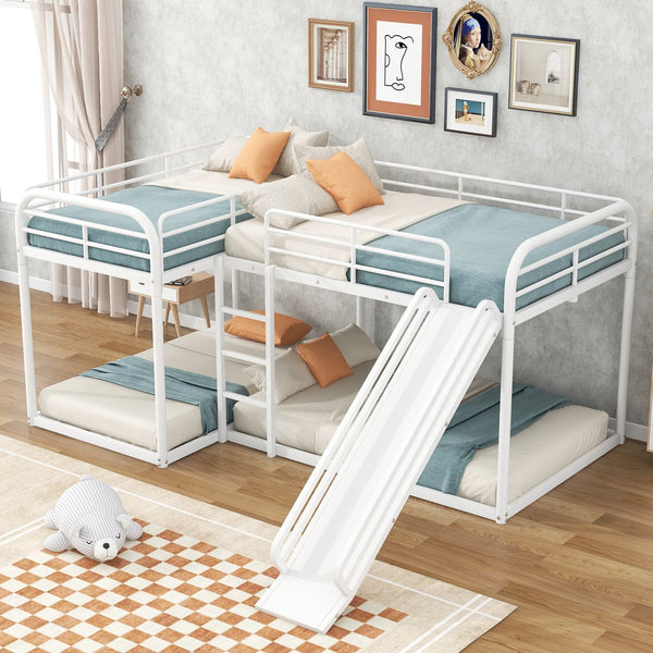 English Elm Full L-Shaped Bunk Bed with Slide and Short Ladder, Metal Frame Durability, Slat Kit Included White GX000621AAK