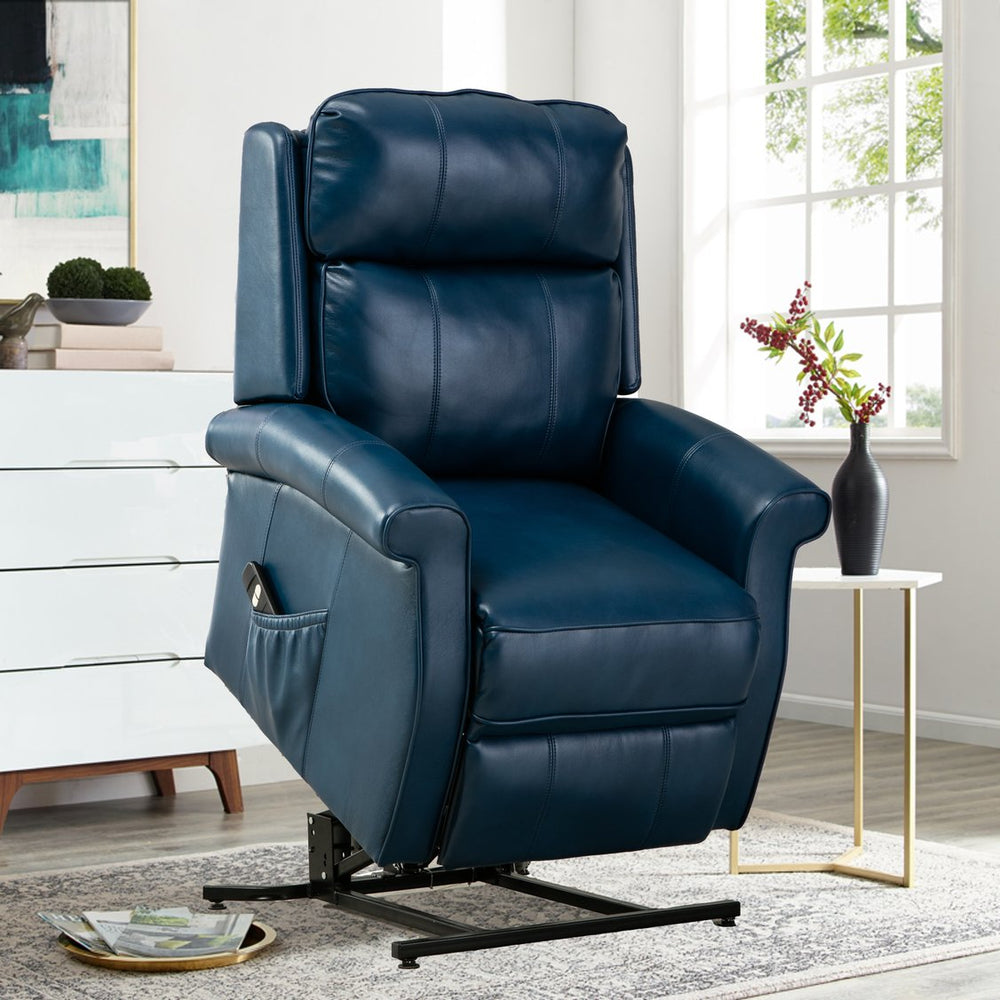 English Elm Landis Navy Blue PU Leather Lift Chair — All-Electric 3-Position Recliner with Remote, 350 lb Capacity B05081511