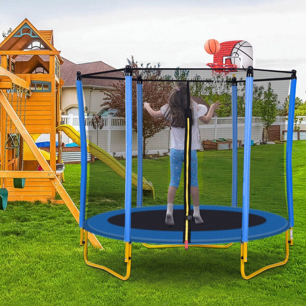 English Elm 5.5ft Kids Trampoline Steel Frame Enclosure Net Basketball Hoop Safe Bouncer Blue MS309258AAC