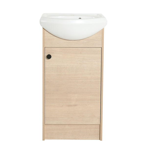 English Elm Freestanding 18 Inch Bathroom Vanity with Oval Ceramic Sink, Light Oak Plywood, Adjustable Shelf, Black Knobs (KD-PACKING) W999S00002