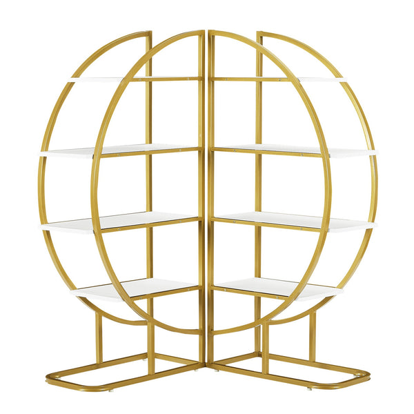 English Elm 4 Tier Round Open Bookshelf – Modern Gold & White MDF Shelves, Steel Frame, 300lb Capacity, Versatile Placement Options WF300940AAK