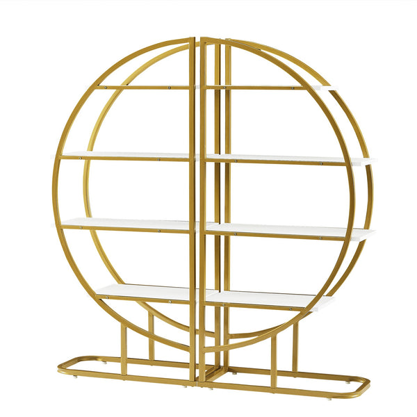 English Elm 4 Tier Round Open Bookshelf – Modern Gold & White MDF Shelves, Steel Frame, 300lb Capacity, Versatile Placement Options WF300940AAK