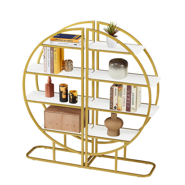 English Elm 4 Tier Round Open Bookshelf – Modern Gold & White MDF Shelves, Steel Frame, 300lb Capacity, Versatile Placement Options WF300940AAK