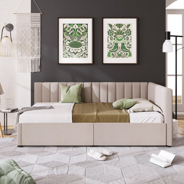 English Elm Upholstered Twin Daybed with Linen Fabric Two Storage Drawers for Guest Rooms Beige WF299017AAA