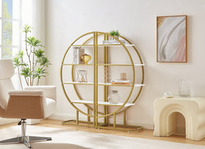 English Elm 4 Tier Round Open Bookshelf – Modern Gold & White MDF Shelves, Steel Frame, 300lb Capacity, Versatile Placement Options WF300940AAK