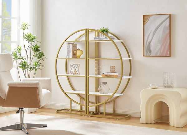 English Elm 4 Tier Round Open Bookshelf – Modern Gold & White MDF Shelves, Steel Frame, 300lb Capacity, Versatile Placement Options WF300940AAK