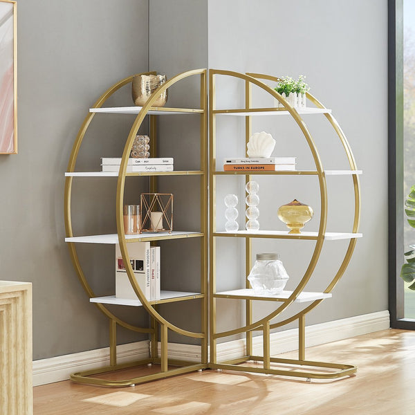 English Elm 4 Tier Round Open Bookshelf – Modern Gold & White MDF Shelves, Steel Frame, 300lb Capacity, Versatile Placement Options WF300940AAK