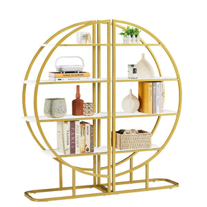 English Elm 4 Tier Round Open Bookshelf – Modern Gold & White MDF Shelves, Steel Frame, 300lb Capacity, Versatile Placement Options WF300940AAK