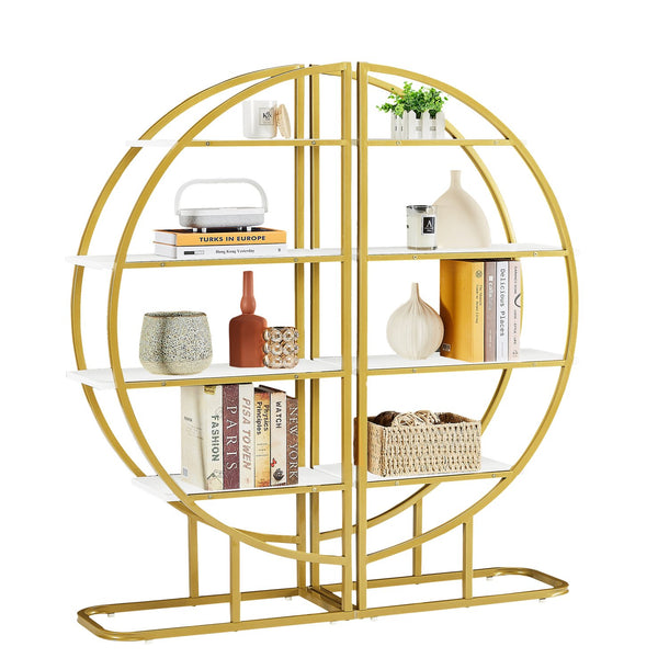 English Elm 4 Tier Round Open Bookshelf – Modern Gold & White MDF Shelves, Steel Frame, 300lb Capacity, Versatile Placement Options WF300940AAK