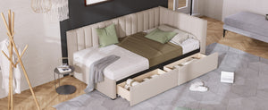 English Elm Upholstered Linen Twin Daybed with Storage Drawers Sofa Frame for Guest Rooms Beige N708P438851A