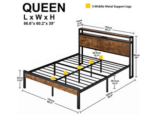 English Elm Queen Platform Bed Wood Headboard Metal Frame Usb Charging Under Storage Modern W31183488