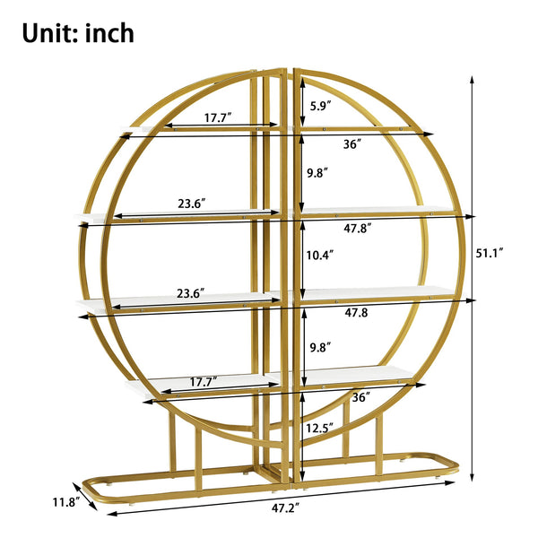 English Elm 4 Tier Round Open Bookshelf – Modern Gold & White MDF Shelves, Steel Frame, 300lb Capacity, Versatile Placement Options WF300940AAK