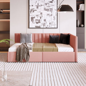 English Elm Upholstered Twin Daybed with Linen Fabric Two Storage Drawers for Guest Rooms Pink WF299017AAH
