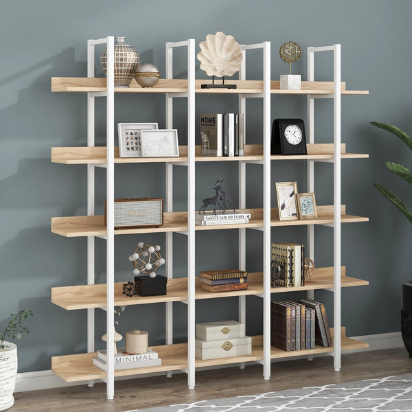 English Elm 5 Tier Bookcase Industrial Open Bookshelf with MDF Boards & Steel Frame, 5 Shelves, 80lb Capacity Each White+Oak N725P247766C