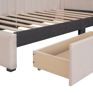 English Elm Upholstered Twin Daybed with Linen Fabric Two Storage Drawers for Guest Rooms Beige WF299017AAA