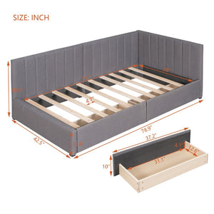 English Elm Upholstered Twin Daybed with Linen Fabric Two Storage Drawers for Guest Rooms Gray WF299017AAE