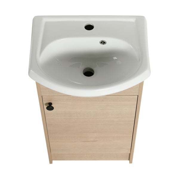 English Elm Freestanding 18 Inch Bathroom Vanity with Oval Ceramic Sink, Light Oak Plywood, Adjustable Shelf, Black Knobs (KD-PACKING) W999S00002