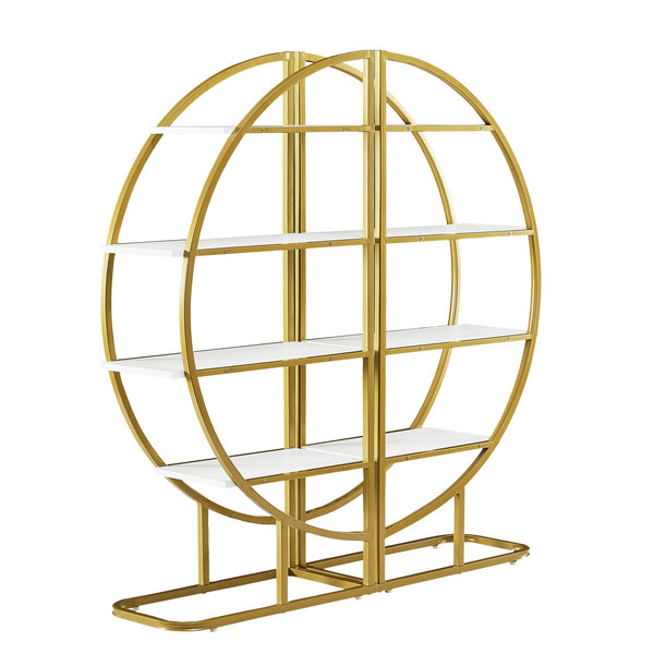 English Elm 4 Tier Round Open Bookshelf – Modern Gold & White MDF Shelves, Steel Frame, 300lb Capacity, Versatile Placement Options WF300940AAK