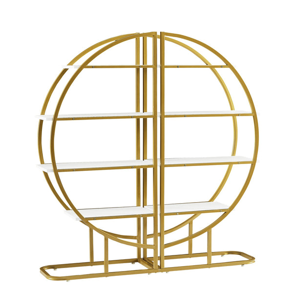 English Elm 4 Tier Round Open Bookshelf – Modern Gold & White MDF Shelves, Steel Frame, 300lb Capacity, Versatile Placement Options WF300940AAK