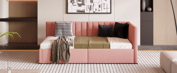 English Elm Upholstered Linen Twin Daybed with Storage Drawers Sofa Frame for Guest Rooms Pink N708P438851H