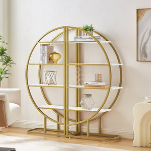 English Elm 4 Tier Round Open Bookshelf – Modern Gold & White MDF Shelves, Steel Frame, 300lb Capacity, Versatile Placement Options WF300940AAK