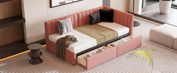 English Elm Upholstered Linen Twin Daybed with Storage Drawers Sofa Frame for Guest Rooms Pink N708P438851H