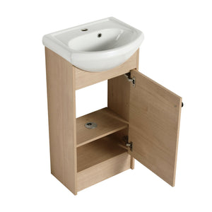 English Elm Freestanding 18 Inch Bathroom Vanity with Oval Ceramic Sink, Light Oak Plywood, Adjustable Shelf, Black Knobs (KD-PACKING) W999S00002