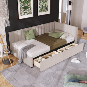 English Elm Upholstered Linen Twin Daybed with Storage Drawers Sofa Frame for Guest Rooms Beige N708P438851A