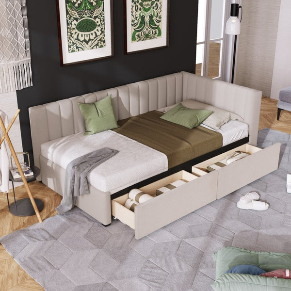 English Elm Upholstered Twin Daybed with Linen Fabric Two Storage Drawers for Guest Rooms Beige WF299017AAA