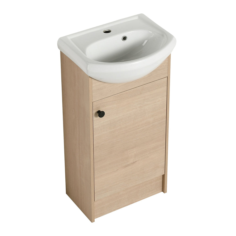 English Elm Freestanding 18 Inch Bathroom Vanity with Oval Ceramic Sink, Light Oak Plywood, Adjustable Shelf, Black Knobs (KD-PACKING) W999S00002