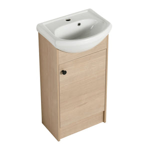 English Elm Freestanding 18 Inch Bathroom Vanity with Oval Ceramic Sink, Light Oak Plywood, Adjustable Shelf, Black Knobs (KD-PACKING) W999S00002