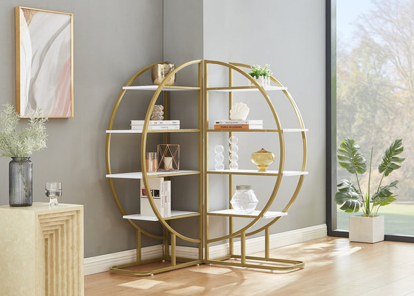 English Elm 4 Tier Round Open Bookshelf – Modern Gold & White MDF Shelves, Steel Frame, 300lb Capacity, Versatile Placement Options WF300940AAK