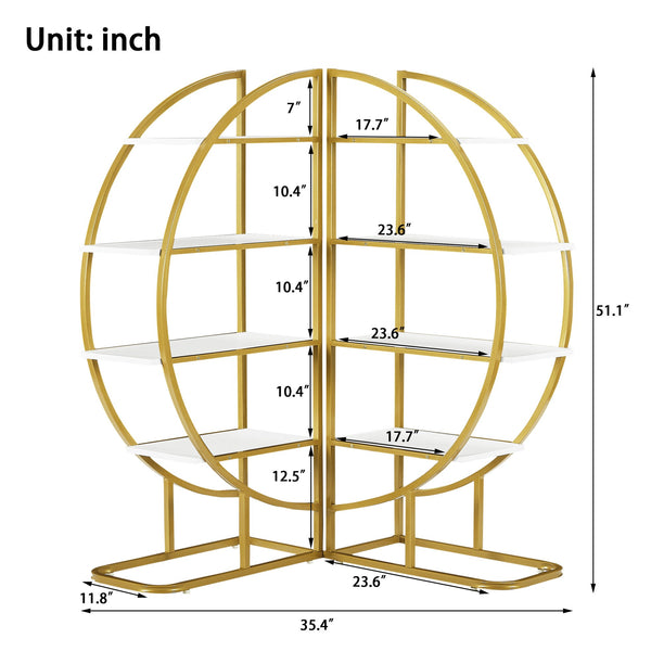 English Elm 4 Tier Round Open Bookshelf – Modern Gold & White MDF Shelves, Steel Frame, 300lb Capacity, Versatile Placement Options WF300940AAK