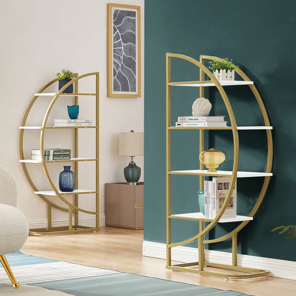English Elm 4 Tier Round Open Bookshelf – Modern Gold & White MDF Shelves, Steel Frame, 300lb Capacity, Versatile Placement Options WF300940AAK