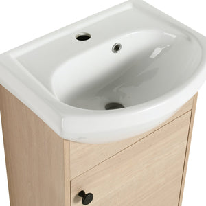English Elm Freestanding 18 Inch Bathroom Vanity with Oval Ceramic Sink, Light Oak Plywood, Adjustable Shelf, Black Knobs (KD-PACKING) W999S00002