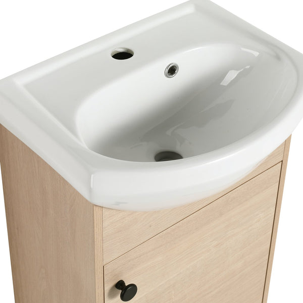 English Elm Freestanding 18 Inch Bathroom Vanity with Oval Ceramic Sink, Light Oak Plywood, Adjustable Shelf, Black Knobs (KD-PACKING) W999S00002