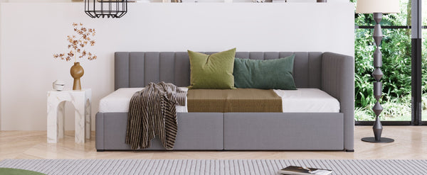 English Elm Upholstered Linen Twin Daybed with Storage Drawers Sofa Frame for Guest Rooms Gray N708P438851E
