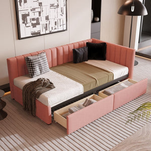 English Elm Upholstered Linen Twin Daybed with Storage Drawers Sofa Frame for Guest Rooms Pink N708P438851H