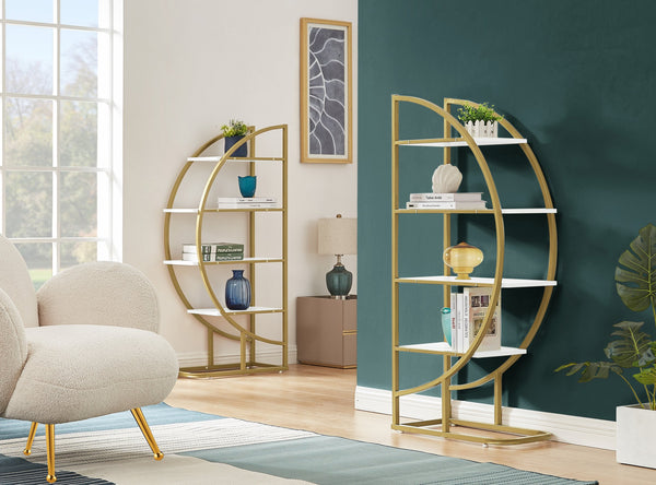 English Elm 4 Tier Round Open Bookshelf – Modern Gold & White MDF Shelves, Steel Frame, 300lb Capacity, Versatile Placement Options WF300940AAK