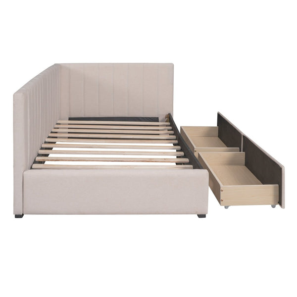 English Elm Upholstered Twin Daybed with Linen Fabric Two Storage Drawers for Guest Rooms Beige WF299017AAA