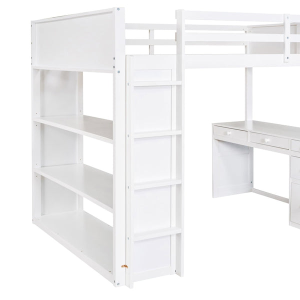 English Elm Full Size Loft Bed with Desk Shelves and Drawers Solid Pine Kids Study LT000348AAK