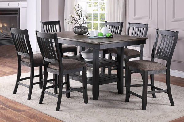 English Elm Transitional 7-Piece Counter Height Dining Set With Dark Coffee Finish, High-Back Chairs & Shelves B011S00303-GIGA